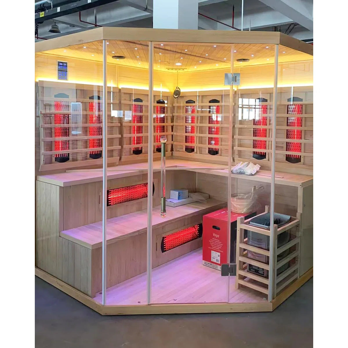 Smartmak® 5-6 Person Hybrid Corner Home Wood Sauna, WiFi Indoor Full Spectrum & Traditional Canadian Hemlock Steam Saunas Spa with Red Light Therapy, 11 Heating Elements & Electric Stove (0-195℉)