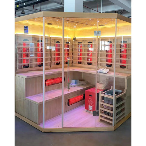 Smartmak® 5-6 Person Hybrid Corner Home Wood Sauna, WiFi Indoor Full Spectrum & Traditional Canadian Hemlock Steam Saunas Spa with Red Light Therapy, 11 Heating Elements & Electric Stove (0-195℉)