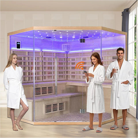 Smartmak® 5-6 Person Hybrid Corner Home Wood Sauna, WiFi Indoor Full Spectrum & Traditional Canadian Hemlock Steam Saunas Spa with Red Light Therapy, 11 Heating Elements & Electric Stove (0-195℉)