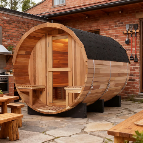 Sansheng 6-Person Outdoor Patchwork Red Cedar Barrel Steam Sauna with Front Porch