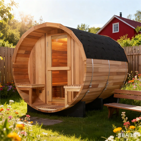 Sansheng 6-Person Outdoor Patchwork Red Cedar Barrel Steam Sauna with Front Porch