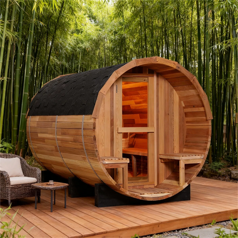 Sansheng 6-Person Outdoor Patchwork Red Cedar Barrel Steam Sauna with Front Porch