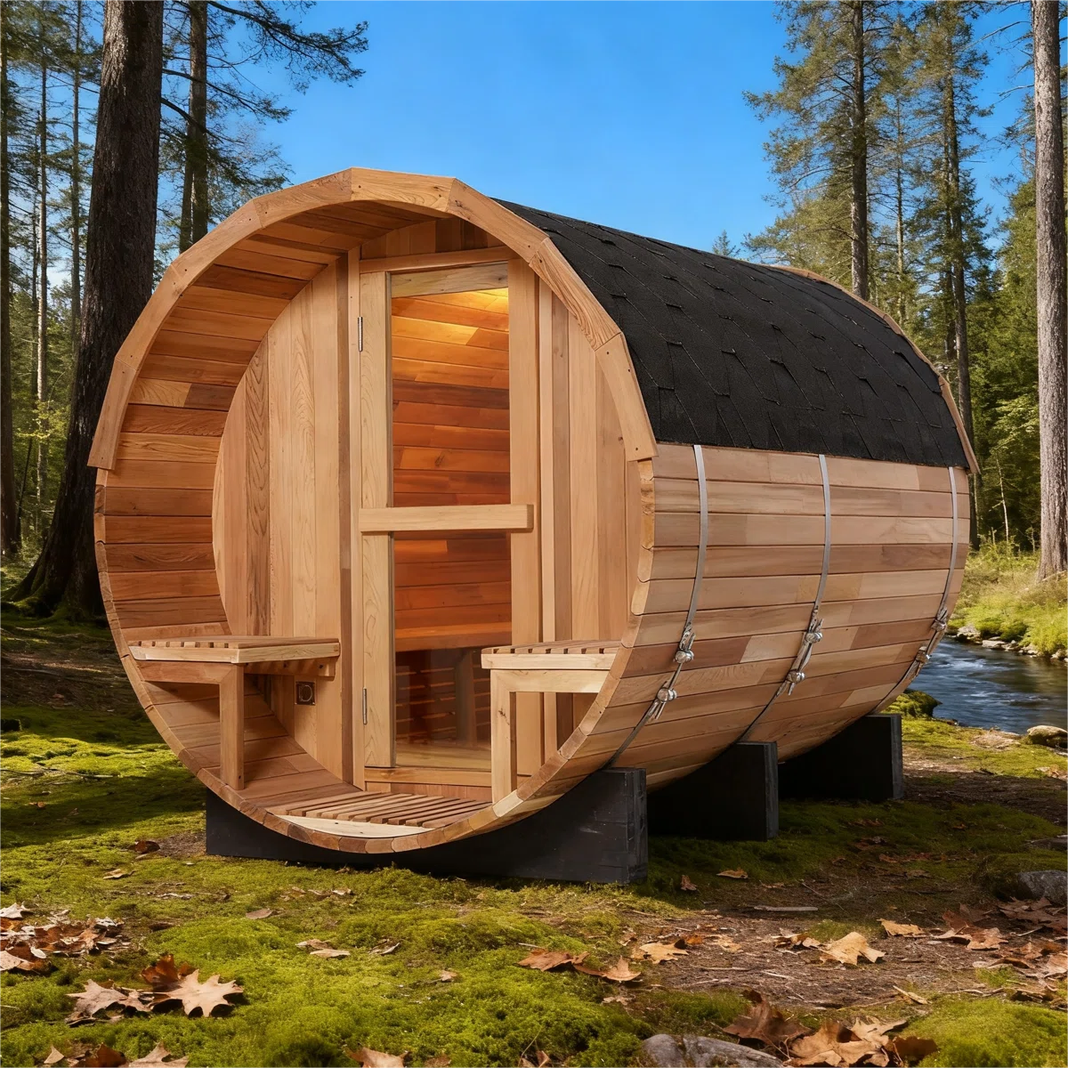 Sansheng 6-Person Outdoor Patchwork Red Cedar Barrel Steam Sauna with Front Porch