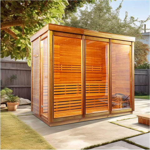 Outdoor Corner Steam Sauna, 8 Person Traditional Canadian Hemlock Saunas, 8KW Harvia Heater, 220V, Double Broad Benches, Modern Box Sauna Room(0-195?)