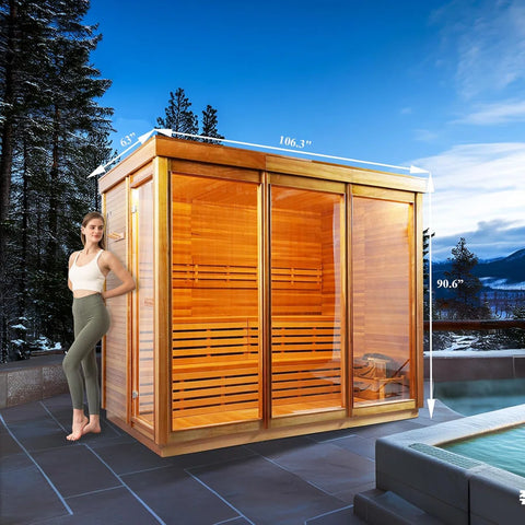 Outdoor Corner Steam Sauna, 8 Person Traditional Canadian Hemlock Saunas, 8KW Harvia Heater, 220V, Double Broad Benches, Modern Box Sauna Room(0-195?)