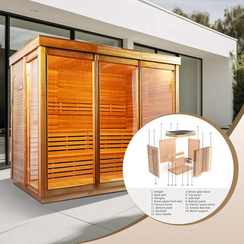 Outdoor Corner Steam Sauna, 8 Person Traditional Canadian Hemlock Saunas, 8KW Harvia Heater, 220V, Double Broad Benches, Modern Box Sauna Room(0-195?)