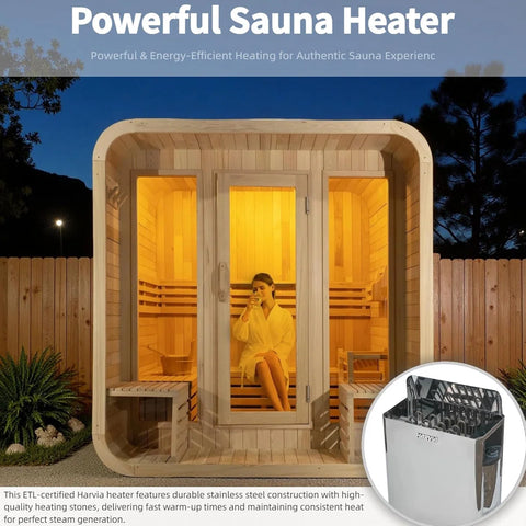 Traditional Outdoor Cube Steam Sauna Cabin with Porch, Canadian Hemlock Square Sauna Room for 4-6 Person, 6KW ETL Harvia Heater, Adjustable Recliner, Waterproof System, 8mm Tempered Glass, 220V