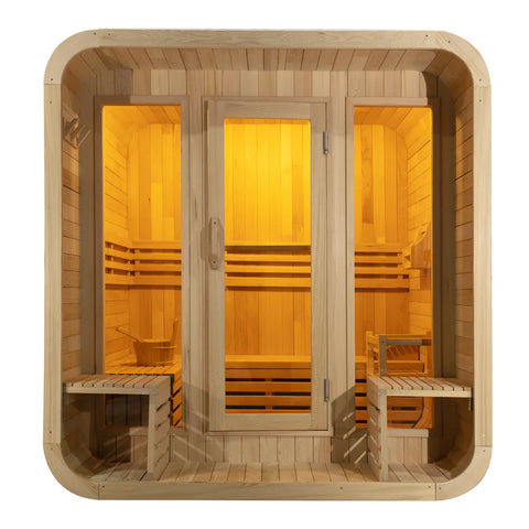 Traditional Outdoor Cube Steam Sauna Cabin with Porch, Canadian Hemlock Square Sauna Room for 4-6 Person, 6KW ETL Harvia Heater, Adjustable Recliner, Waterproof System, 8mm Tempered Glass, 220V