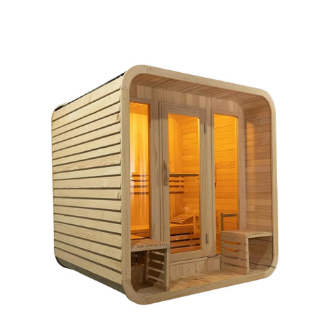 Traditional Outdoor Cube Steam Sauna Cabin with Porch, Canadian Hemlock Square Sauna Room for 4-6 Person, 6KW ETL Harvia Heater, Adjustable Recliner, Waterproof System, 8mm Tempered Glass, 220V