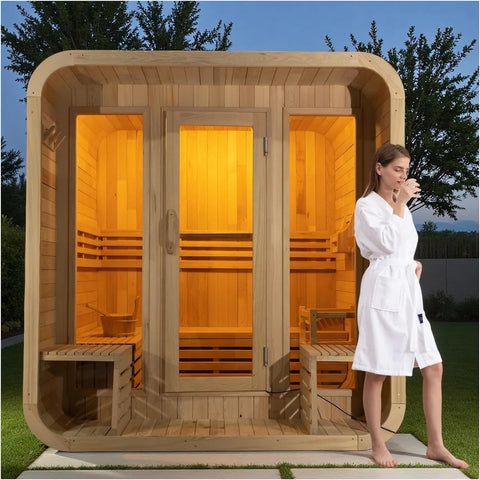 Traditional Outdoor Cube Steam Sauna Cabin with Porch, Canadian Hemlock Square Sauna Room for 4-6 Person, 6KW ETL Harvia Heater, Adjustable Recliner, Waterproof System, 8mm Tempered Glass, 220V