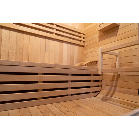 Traditional Outdoor Cube Steam Sauna Cabin with Porch, Canadian Hemlock Square Sauna Room for 4-6 Person, 6KW ETL Harvia Heater, Adjustable Recliner, Waterproof System, 8mm Tempered Glass, 220V