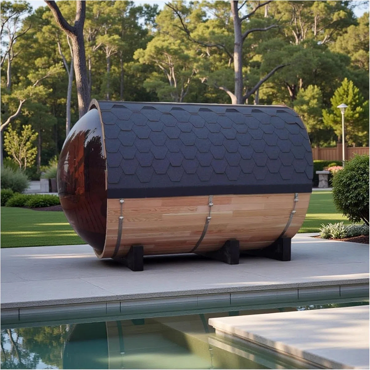 Outdoor Barrel Steam Sauna with Panoramic View, Canadian Red Wood Sauna for 4-6 Person, 6KW Heater, Rocks, 8mm Tempered Glass, Waterproof System