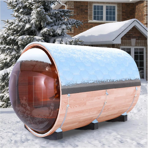 Outdoor Barrel Steam Sauna with Panoramic View, Canadian Red Wood Sauna for 4-6 Person, 6KW Heater, Rocks, 8mm Tempered Glass, Waterproof System