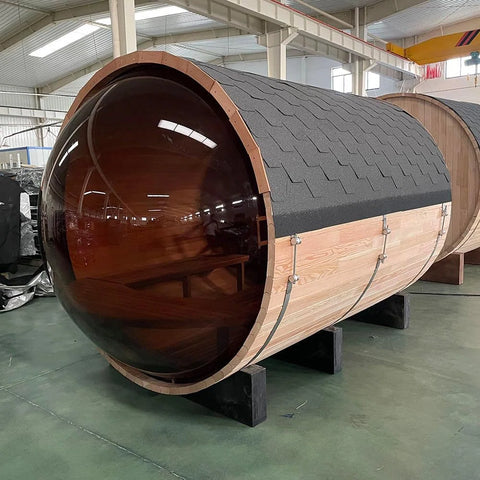 Outdoor Barrel Steam Sauna with Panoramic View, Canadian Red Wood Sauna for 4-6 Person, 6KW Heater, Rocks, 8mm Tempered Glass, Waterproof System